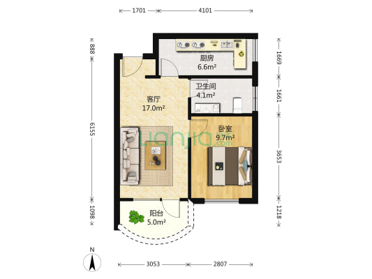 小平岛揽海名寓 1室1厅1卫 60平方