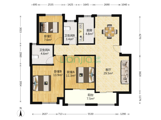 远洋心里 3室1厅2卫 119平方