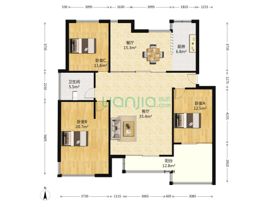 北江锦城 3室2厅1卫 130平方