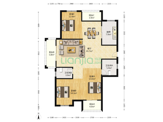 丁桥东兰轩 3室1厅2卫 138平方