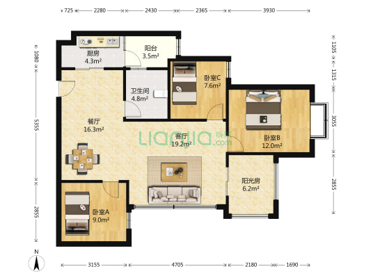 恒大绿洲 3室2厅1卫 110平方