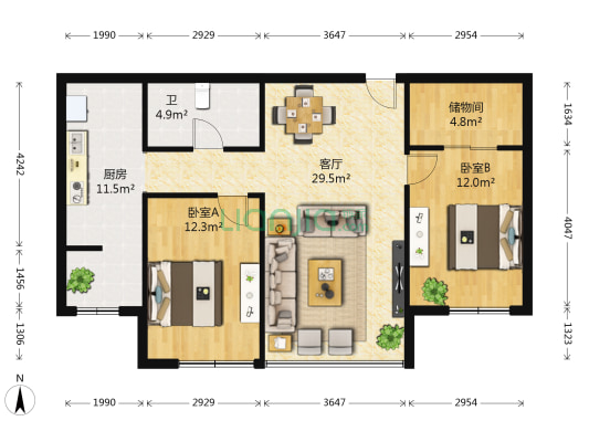 大都会新天地Ⅱ期 2室1厅1卫 108平方