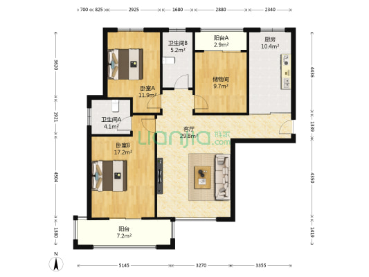格林上东 2室1厅2卫 120平方