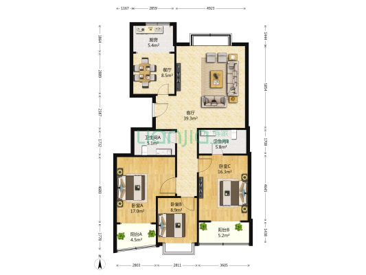 德盛家园 3室2厅2卫 147平方