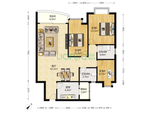 中南花园 3室1厅2卫 107平方