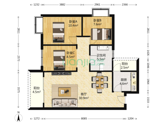 保利香槟花园F组团 3室1厅1卫 89平方