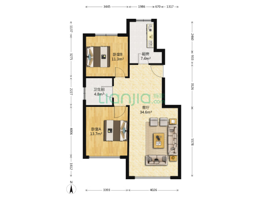 御河墅 2室1厅1卫 93平方