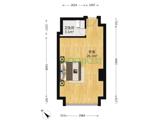 此房是万达商务公寓,单间配套,带飘窗台-户型图