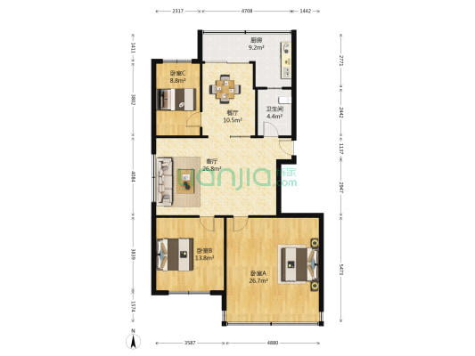 清泉康乐宫 3室2厅1卫 118平方