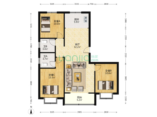 金域缇香二期 3室1厅2卫 123平方