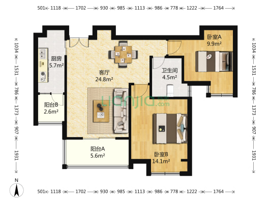 风荷丽景尚城东区 2室1厅1卫 88平方