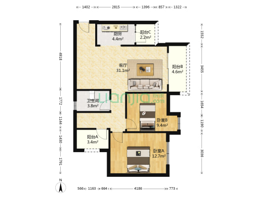 铂爵郡一期 2室1厅1卫 87平方