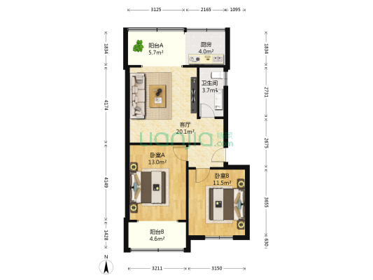 煤气总公司宿舍 2室1厅1卫 67平方