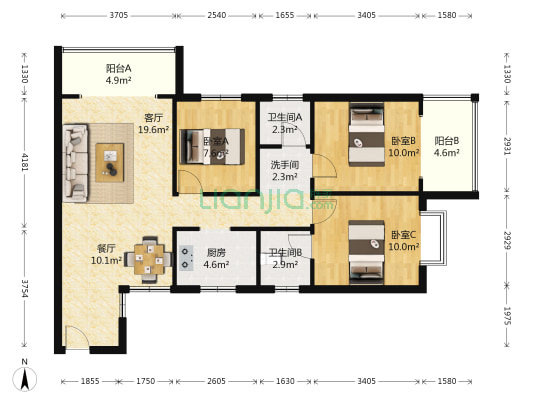 聚福广场 3室2厅3卫 102平方