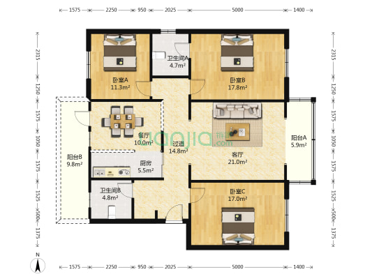 龙腾公寓 3室2厅2卫 137平方
