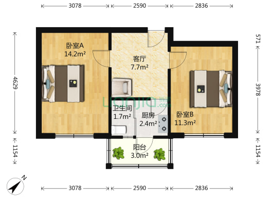 大桥道 2室1厅1卫 54平方