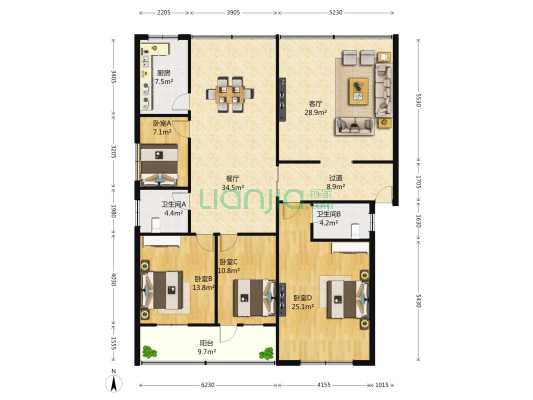 拓新小区 4室2厅2卫 183平方