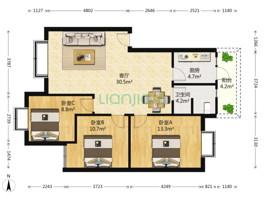 花半里 3室1厅1卫 94平方