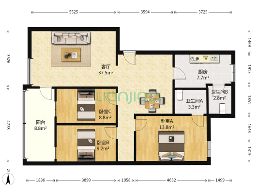 35区公路局宿舍 3室1厅2卫 103平方