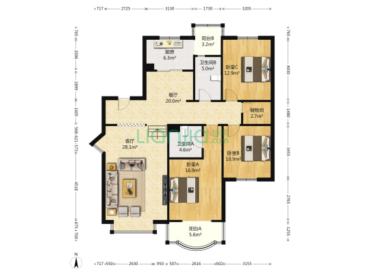 二十一世纪花园三期 3室2厅2卫 139平方