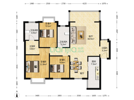 中铁逸都国际B区 3室1厅2卫 121平方