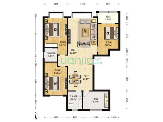 逸景阳光 3室2厅2卫 139平方