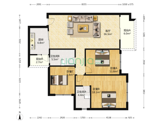 南宁恒大城 3室1厅2卫 124平方