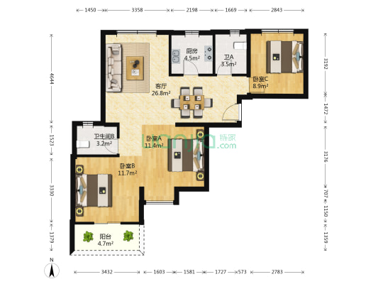 航天兴隆国际 3室1厅2卫 92平方