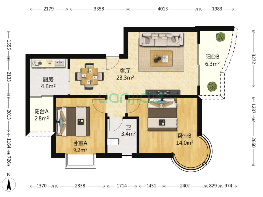 渝安龙都 2室1厅1卫 78平方