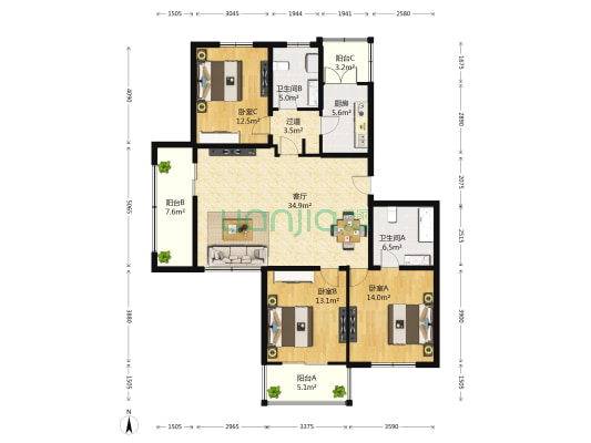 门头馨村南区 3室1厅2卫 140平方