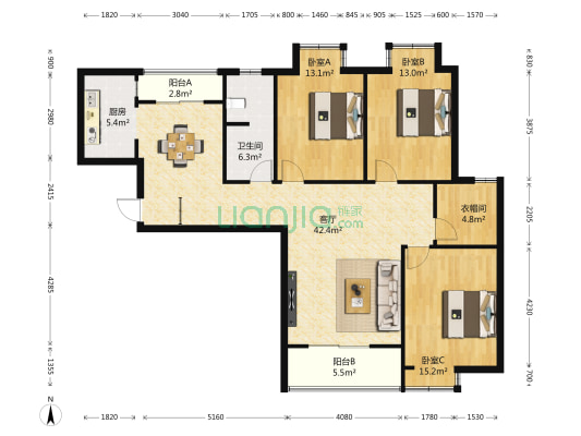 宏图国际公寓 3室1厅1卫 141平方