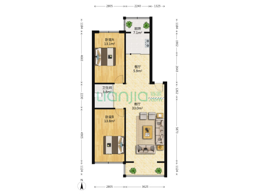金达莱家园 2室2厅1卫 98平方