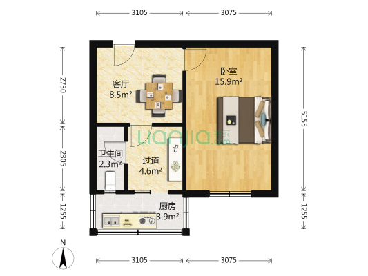 化二联合宿舍 1室1厅1卫 38平方