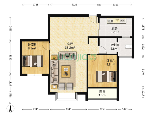 金鼎湾 2室1厅1卫 91平方