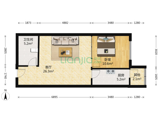 宜天花园 1室1厅1卫 66平方