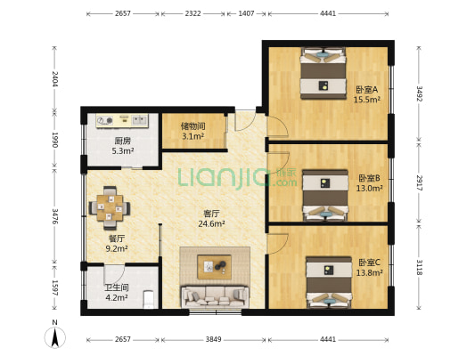 马号街7号 3室2厅1卫 107平方