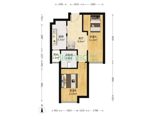 中南麒麟锦城 2室1厅1卫 64平方