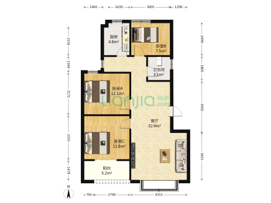 湖東小區 3室1厅1卫 89平方