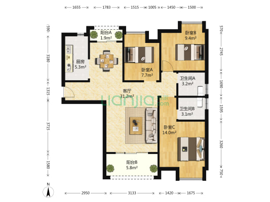 香水湾 3室1厅2卫 107平方