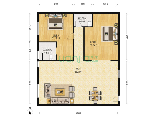 官邸三号 2室1厅2卫 159平方