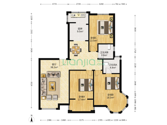 恒盛尚海湾滨海 3室1厅2卫 131平方