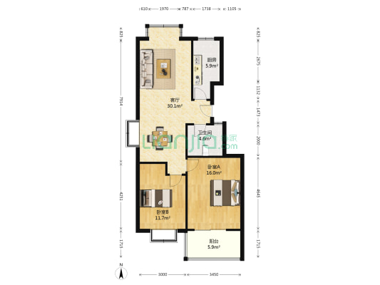 腾骐冠宸花园 2室1厅1卫 95平方