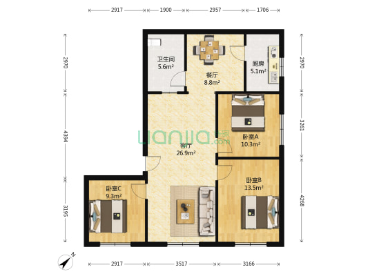 安象街124号轻机厂宿舍 3室2厅1卫 91平方