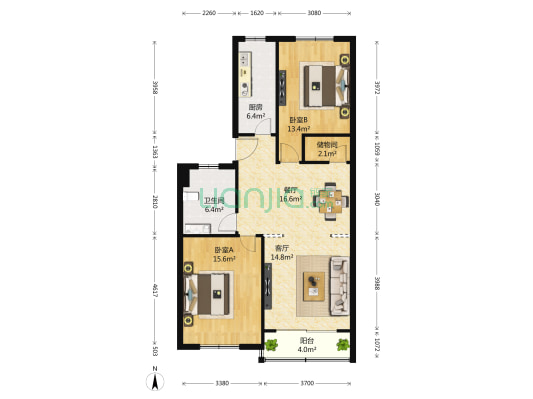 建灵公寓 2室2厅1卫 99平方