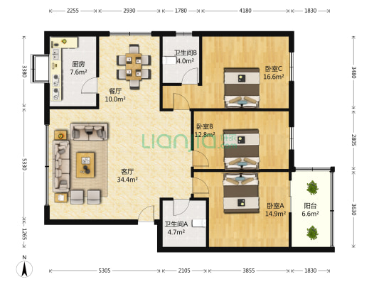 汇升苑小区 3室2厅2卫 129平方