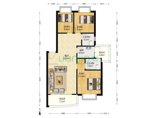 风和日丽花园三期​ 3室1厅2卫 93平方