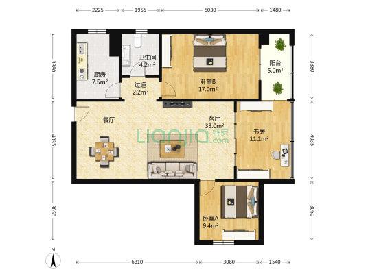 铁银大厦 3室1厅1卫 107平方