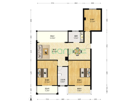 新远大花园 3室1厅1卫 141平方