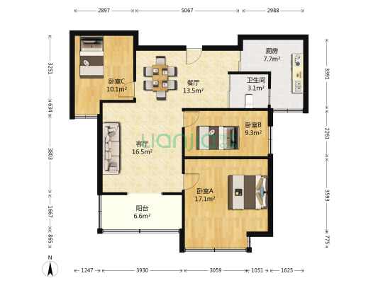 朝辉东方城二区 3室2厅1卫 108平方