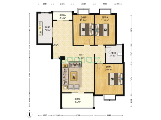 宜鑫苑 3室1厅1卫 120平方